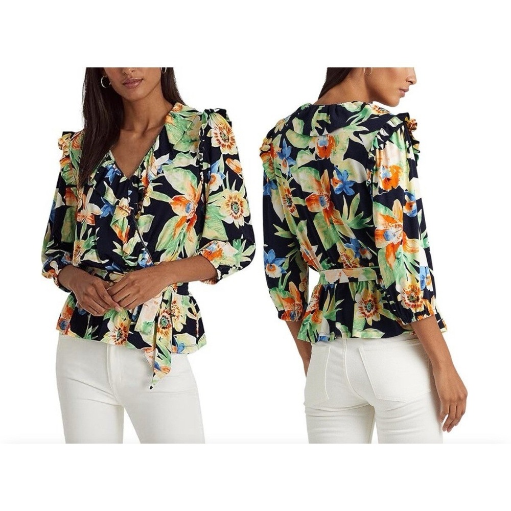 Lauren Ralph Lauren Black Label Viscose Floral Jersey Belted Peplum Top Womens M